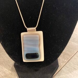 Artisan hand crafted pale pink & blue fused glass pendant on 18” silver chain